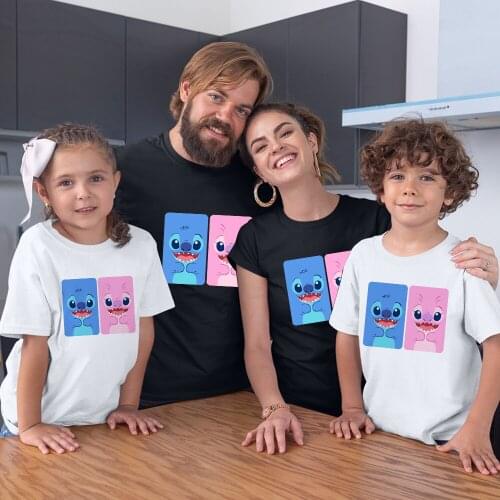 Comfortable Family Matching Clothes Disney Short Sleeve Outdoor Lilo & Stitch Summer New Products Black White Adult Unisex Tees