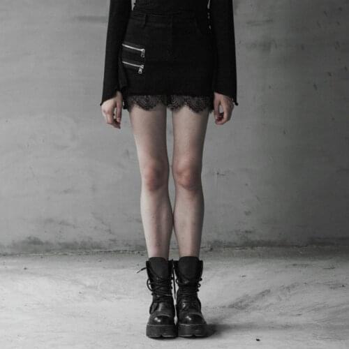 PUNKRAVE Womens Punk Wash Jeans Half Skirt Fashion Metal Zipper Decoration Lace Hem High Waist Tight Denim Mini Skirts