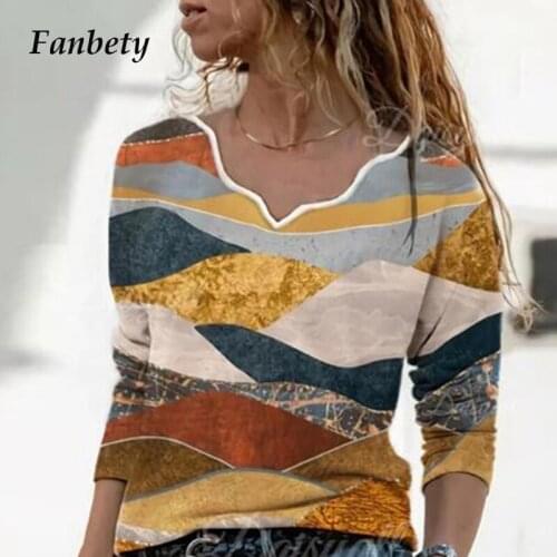 Women Spring Landscape Printed Tee Shirt Retro Wave V Neck Long Sleeve Pullover Tops Casual Ladies Oversize T Shirts Streetwear