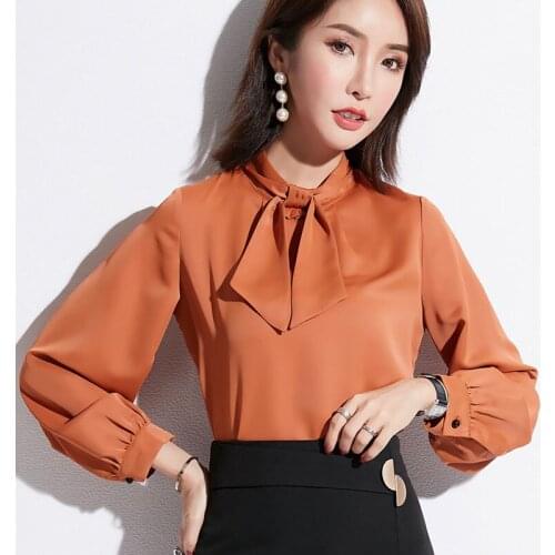 2019 Spring Fashion Office Lady Womens Orange Bow Long Sleeve Chiffon Blouse Shirt , Autumn Female Woman Loose Elegant Blouses
