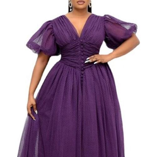Women Fashion Elegant African Dress Mesh Patchwork V Neck Solid Color Large Hem Waist Tied Formal Dress for Wedding Party