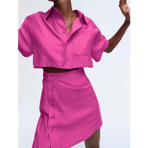 2021 Solid Color Pink Short Sleeve Shirt Dress Women Turn-down Collar Summer Mini Sexy Club Party Hollow Out Waist Party Dresses