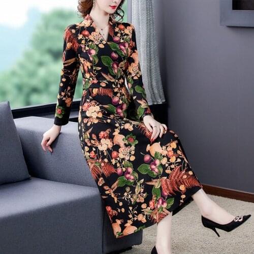2021 Autumn Large Size Fashion Printed Long Sleeve Dress Vintage Elegant Ladies Dress Slim Long Dress Midi Female Vestidos M101