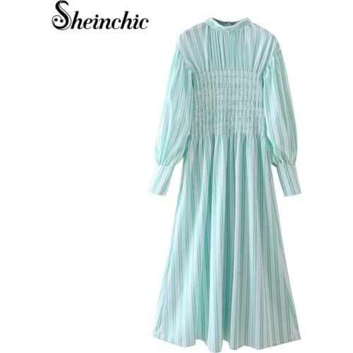 Casual Green Striped Vestidos De Mujer Spring Autumn Elegant O-neck Long Sleeve Pleated Maxi Dresses for Women 2021