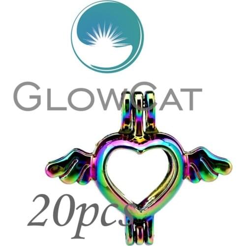 20x CC59 Rainbow Color Heart Wings Beads Cage Jewelry Making Essential Oil Diffuser Pearl Cage Locket Pendant