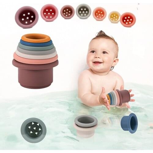 7pc Baby Silicone Hourglass Stacking Cup Montessori Educational Toys Intelligence Gift Toy Stacking Ring Infant Bath Tower Toy