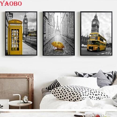 Diy 5d diamond painting 3 Pieces Yellow Telephone Booth Big Ben Bus diamond embroidery Umbrella/Tower Landscape mosaic Painting