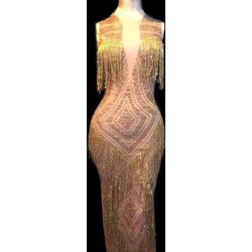 Sexy Sleeveless Tassel Dresses Singer Evening Performance Tassel Long Dress Gold Rhinestones Fringes Dress Nightclub Stage Wear