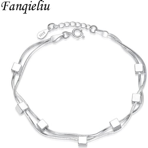 Fanqieliu Gift 925 Sterling Silver Bracelets For Women 2pcs Box Chain Star Square Charms Charming Bracelet Woman FQL20351