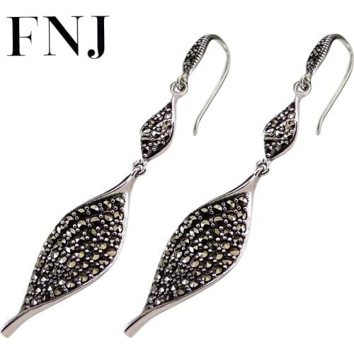 FNJ Long Leaf Earrings 925 Silver Original Pure S925 Sterling Silver Drop Earring Women Jewelry MARCASITE