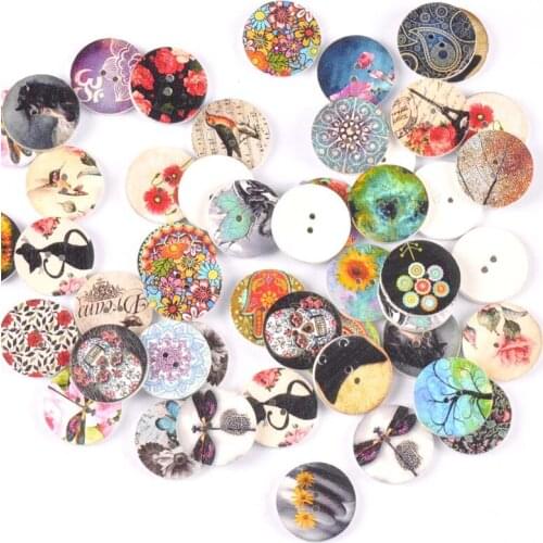 Retro Mixed Painting Wooden Buttons For Sewing Supplies Scrapbook Crafts DIY Clothing Accessories Home Decoration 50pcs m2226