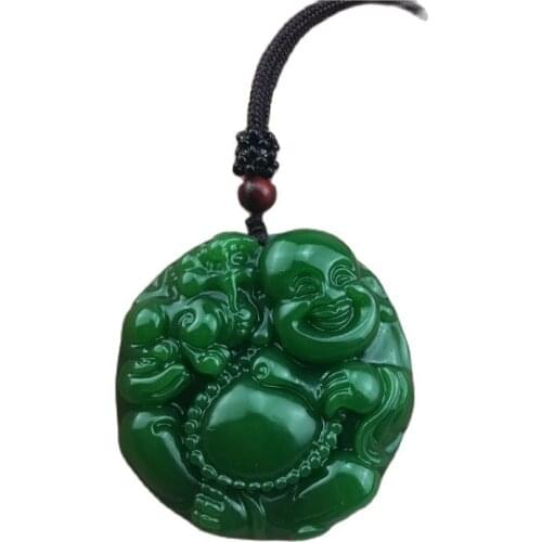 China Hand Carved Jade Buddha Green Jade Fengshui Safety Pendant Necklace