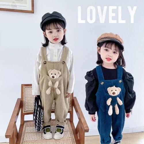 U-B 2021 Girls Corduroy Overalls Beige and blue Kids Cartoon Bear Spring New Arrival Overalls Girls Jumpsuit Baby Girl Clothing