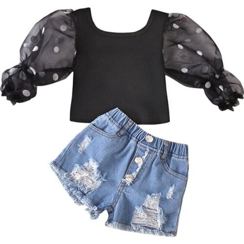 Baby Set 2021 New Summer Outfits 2pcs Fashion Casual Polka Dot Mesh Bubble Sleeve Top + Buttons Ripped Denim Shorts Suit Set