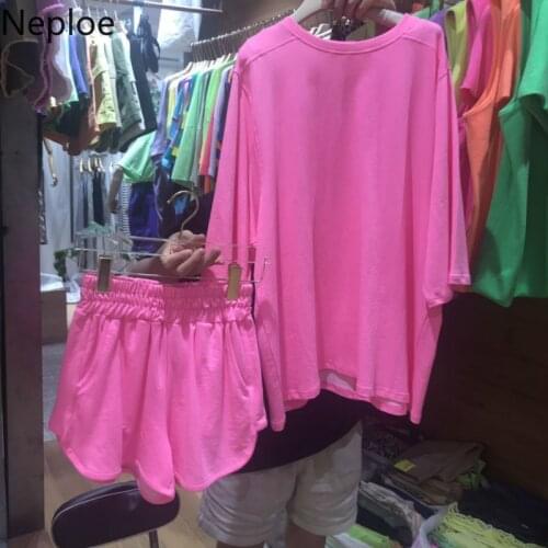 Neploe 2 Piece Set Candy Color O Neck Short Sleeve Ladies T Shirts +Loose Elastic Waist Wide Leg Shorts Fashion Suits 1A320