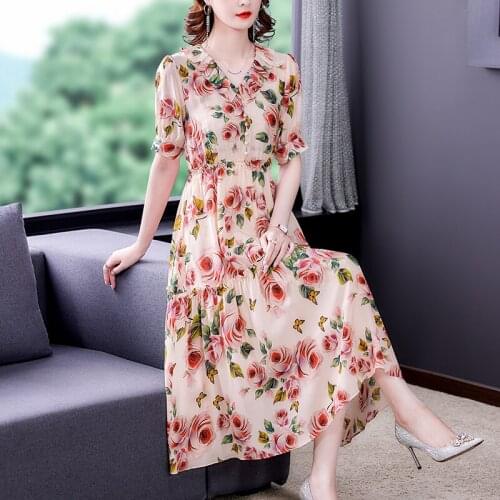 Summer Pink Floral Mulberry Silk Midi Dress 2021 Vintage Casual Chiffon Beach Vacation Dress Women Elegant Bodycon Party Vestido