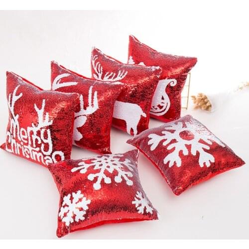 16x16 inch Red Pillow Cover Mermaid Snowflake Deer Sequin Christmas Decorative Cushion Cover For Sofa Bed 40x40cm Zip Open