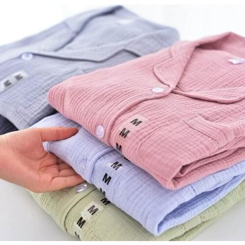 New Couple Double Crepe Solid Pajama Set 100% Cotton Long Shirt Nightwear Long Sleeve Nightgown Men And Women Pijamas Sleepwear