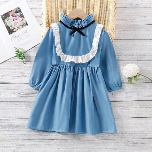 Girls Casual Autumn Dresses Cute Toddler Bowtie Solid Elegant Princess Vestidos For Girl Kids Long Sleeve Lace Ruffles Clothing