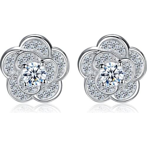Romantic Brincos 925 Sterling Silver Cubic Zirccoina CZ Crystal Rose Flower Stud Earrings for Women Wedding Ear Jewelry