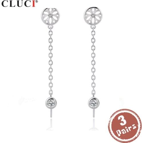 CLUCI 3 pair Silver 925 Zircon Pearl Earring Mounting for Women Wedding Simple Sterling Silver Jewelry Long Stud Earring SE129SB