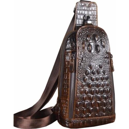 Men Leather Crocodile Grain Pattern Travel Shoulder Cross Body Messenger Sling Pack Chest Bag