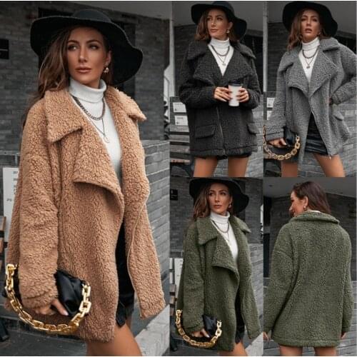 European and American leisure loose and thick bubble zipper wool coat lapel lamb fur windbreaker