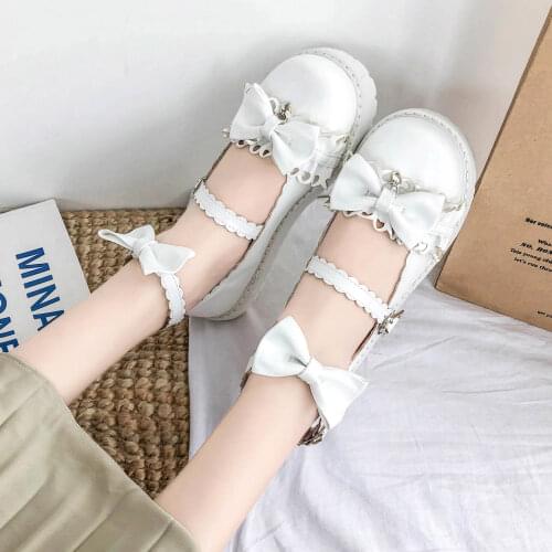 Student Lolita shoes white women flats round with straps bow cute girls princess tea party shoes students lovely shoes mary jane