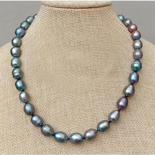 10mm black green colors baroque oval pearl necklace natural Freshwater PEARL Women Jewelry 35cm 43cm 15'' 17