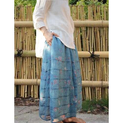 Womens 20-year summer style clear printing natural Ramie literary versatile skirt 20435