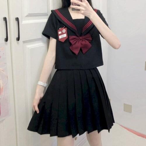 Womens Orthodox Original Basic JK Uniform Skirt Black Red Three Sailor Suit Japanese Long-sleeved Short-sleeved Student Suit JKS