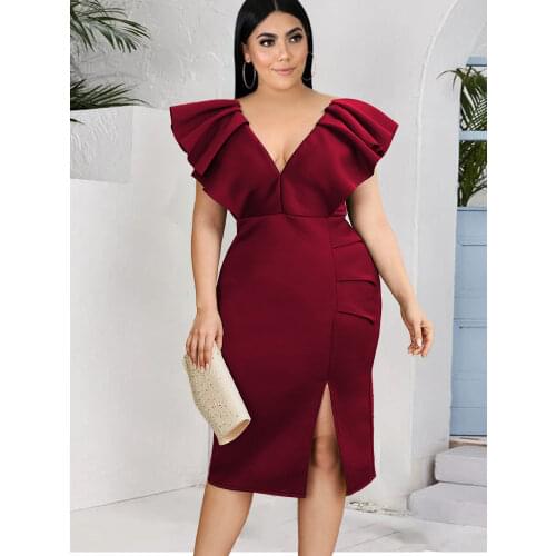 Deep V Neck Slit Plus Size Dresses 4XL 5XL Women Fashion Bodycon Ruffles Sleeve Pleated Evening Birthday Party Gowns Summer New