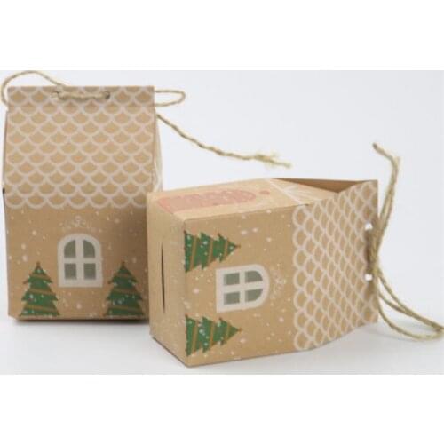 10pcs/lot Creative House Shape Merry Christmas Candy Boxes Small Christmas Party Decor Gift Box With Rope