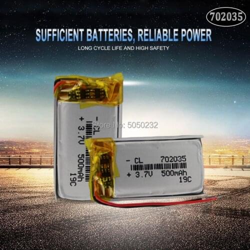 2pc 500mAh 3.7V 702035 Lithium Polymer Rechargeable Battery For bluetooth speaker MP5 GPS DVD PDA PDA LED Light Li-ion Cell