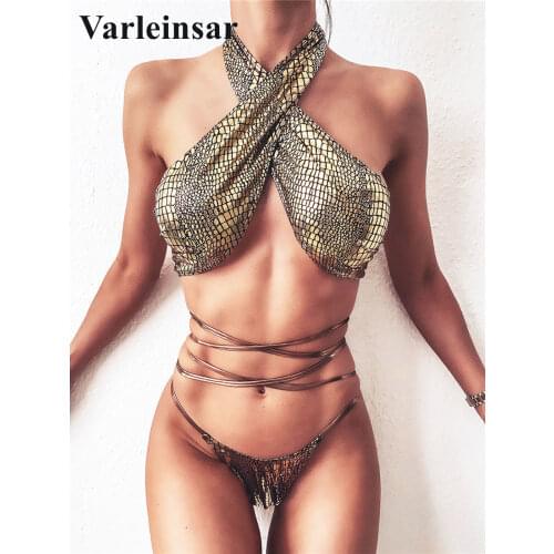 2020 Shiny Halter Thong Bikini Women Swimwear Female Swimsuit Two-pieces Bikini set Wrap Around Bather Bathing Suit Swim V2089