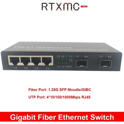 2SFP 4 Port RJ45 2G4E Gigabit Media Converter 10/100/1000M Ethernet Converter Transceiver Fiber Optical Switch