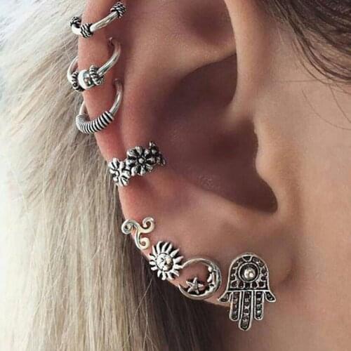 8 pcs/Set Antique Silver Color Earring Sets Hollow Fatima Hand Sun Moon Star Flower Ear Cuff Clip Stud Earrings Women Jewelry