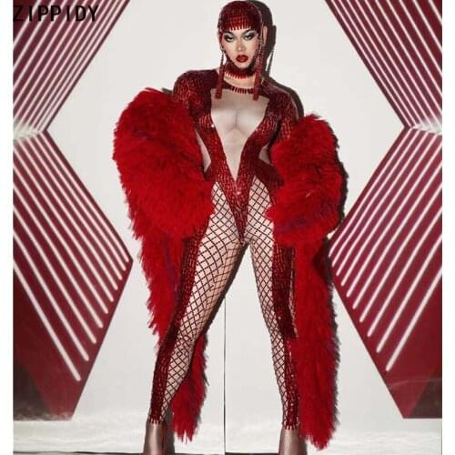 Glisten Red Rhinestone Sequins Spandex Jumpsuit Cloak Birthday Celebrate Outfit Set Women Dancer Costume Evening Wear