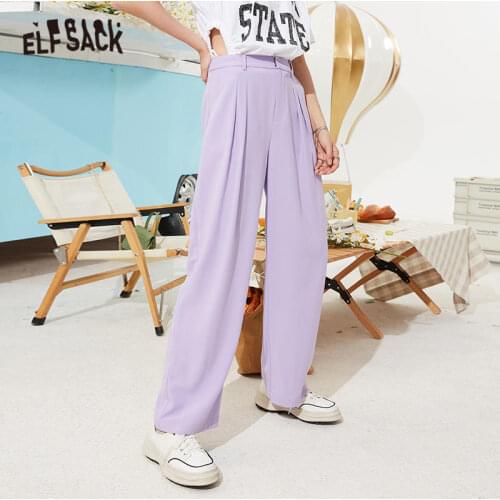 ELFSACK Solid Pure High Waist Straight Casual Women Pants 2021 Summer Minimalist Korean Ladies Daily Basic Trouser