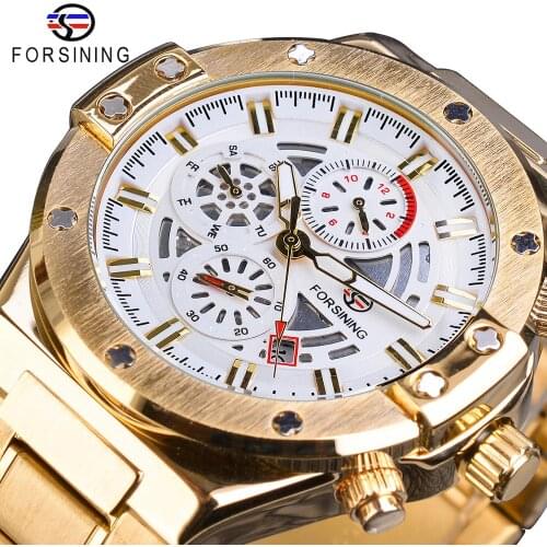 Forsining Gold Mens Mechanical Watch Automatic 3 Sub Dial Calendar Sport Army Waterproof Full Steel Band Clock Relogio Masculino
