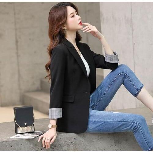 Black Blazer Outerwear Women Spring Autumn Fashion Leisure Suit Korean Patchwork Notched Single Button Formal Jackets Coat