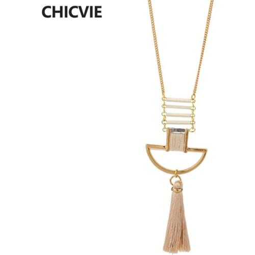 CHICVIE Boho Casual Stone Steampunk Necklaces Gold Color Tassel Pendant Necklaces for women Handmade Beads Jewelry SNE160269