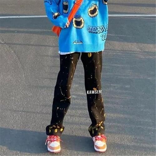 Womens Fashion Jeans Spring Autumn Contrast Color Splash Ink High Waist Washed Button Zipper Street Denim Straight Female Pants