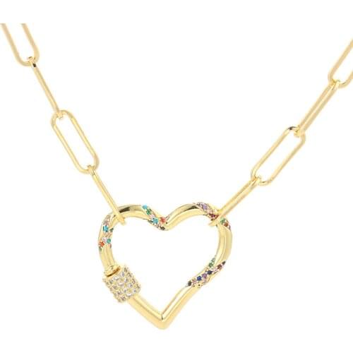 EYIKA Popular Rock Jewelry Key Lock Lightning Star Heart Carabiner Pendant Link Chain Necklace Zircon Gold Choker for Men/Women