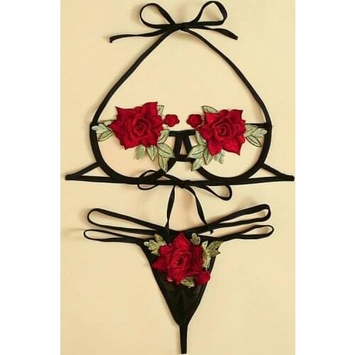 Hot sale new style womens thin section mesh embroidered sexy underwear underwire gather bra panty set thong sexy lingerie set