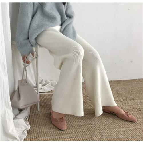 Cashmere wool blend vertical striped knit women fashion wide leg pants full length trousers elastic drawstring waist XS-2XL