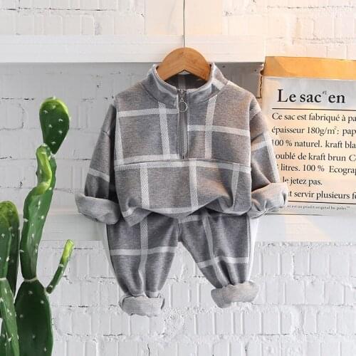 Baby Boy Clothes Set Spring Autumn Childrens Lattice Zipper Pullover Top + Trousers Two-Piece Fashion Sportswear for Kids 0-4 Y