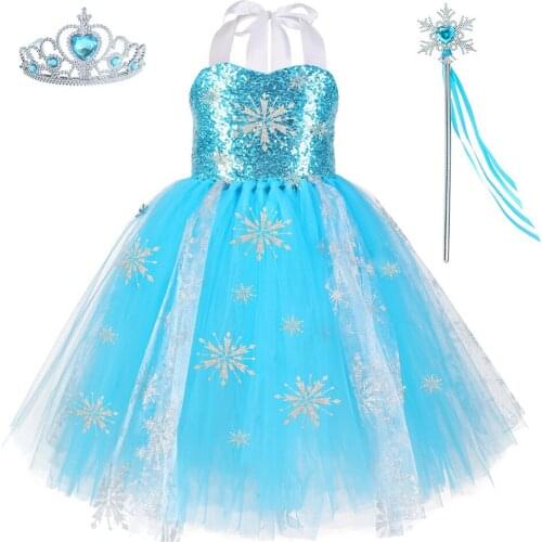 Girls Princess Costume Snowflake Sequins Fancy Princess Tutu Dress Baby Kids Halloween Carnival Birthday Party Dresses