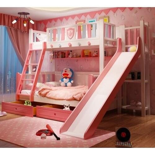 All solid wood mother bed with slide bed small apartment pink princess bed American childrens high and low bed solid wood