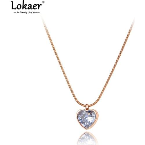 Lokaer Titanium Stainless Steel Love Heart Pendant Necklaces Jewelry Rose Gold CZ Crystal Wedding Necklace For Women N21111